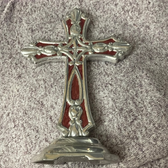 Other - Cross shaped home decor.  Silver color with red.